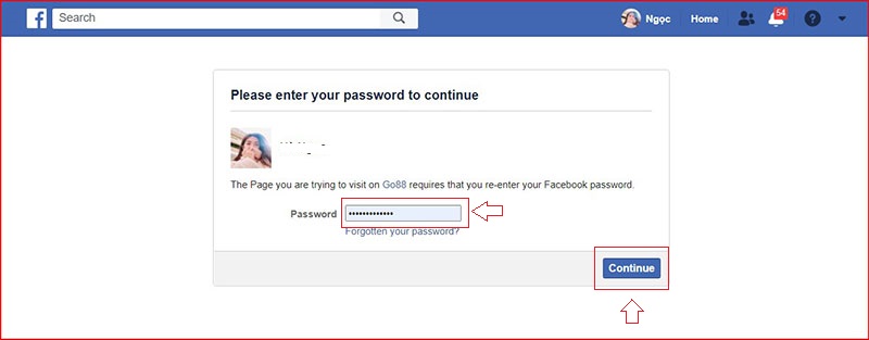 Nhập mật khẩu facebook để tiếp tục đăng ký tại Go88